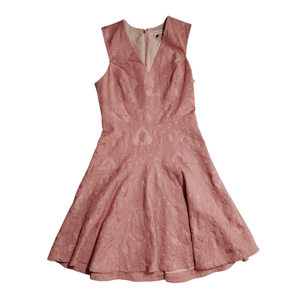 Rebecca Taylor Dusty Rose Pink Floral Jacquard Fit‎ & Flare V-Neck Dress Size 2